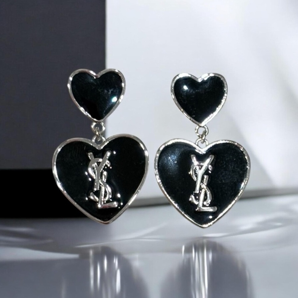 Black Heart Drop Earrings with Silver Logo